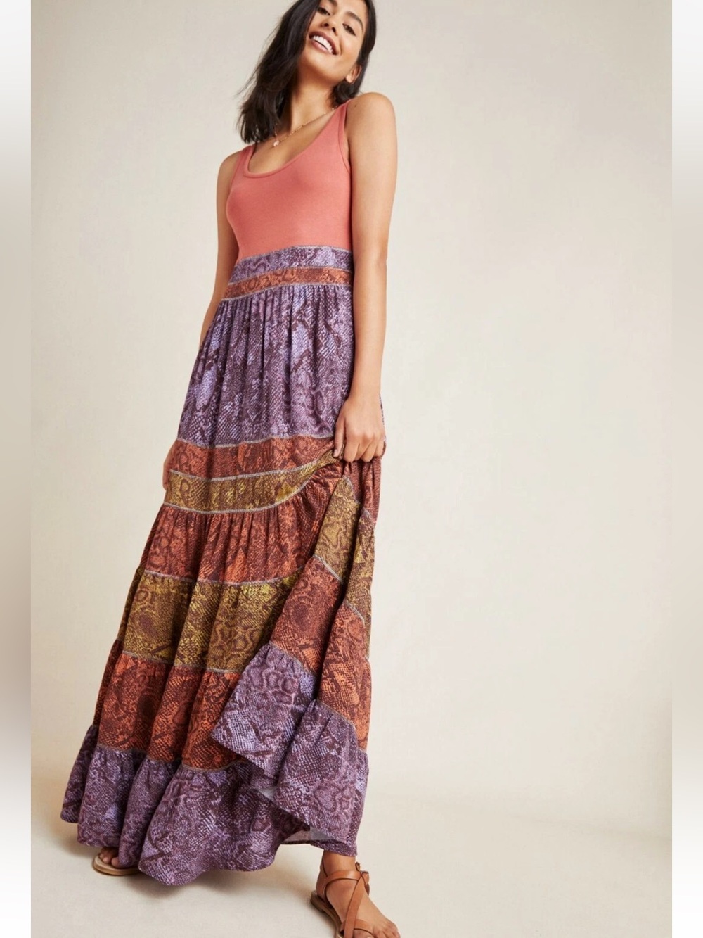 Anthropologie COLIMA SNAKE PRINT MAXI DRESS Mixed-Print Tiered Dress Sz Small
